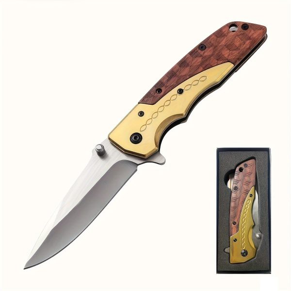 1pc Outdoor Pocket Folding Knife, 3.7-inch Stainless Steel Large Blade, Gold Wood Handle, Men's Tactical Camping Knife Belt Clip Gift L9195