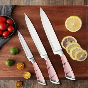 3PCS Chef Knife Set, Professional Sharp Japanese Kitchen Knife, 7Cr17Mov German High Carbon Stainless Steel 8 inch chef's knives, 8 inch slicing knife, 5 inch Knife Utility Knife Pink