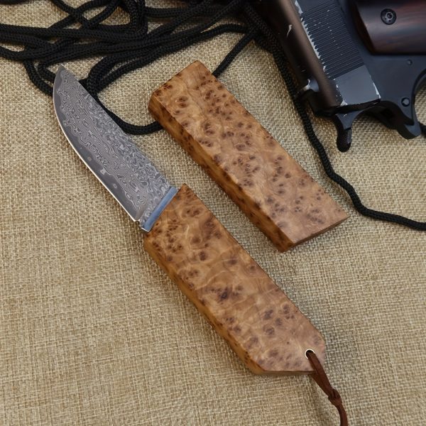 Damascus Steel Outdoor Camping Adventure Fixed Blade Straight Knife, Mountaineering Hunting Wading Multi-Use Sharp Knife