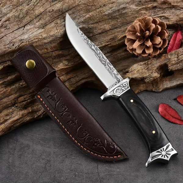 1PC equipped with leather knife case, outdoor straight knife, high hardness blade, ebony handle, outdoor survival camping equipment, portable knife, multi-purpose sharp knife, fruit knife, meat knife, kitchen knife