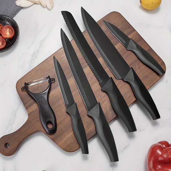 6PC Professional Chef Knife Set, Black Stainless Steel Knife Set, Sharp Chef's Knife, Japanese Knife, Meat Cleaver, Bread Knife, Fruit Knife, Melon Peeler, Kitchen Set For Every Need, Dishwasher Safe, Must Have At Christmas!